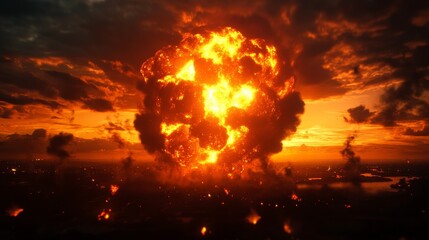 Devastating Aftermath: Nuclear Explosion Disaster, A fiery inferno engulfs the horizon, symbolizing destruction, chaos, and the fragility of life.