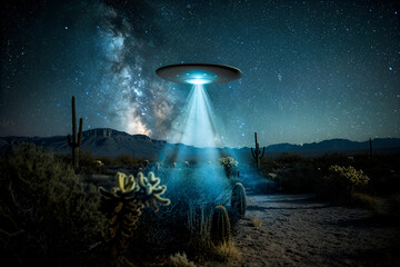 Wall Mural - a glowing ufo hovers over a desert landscape under a starry night sky with the milky way visible in 