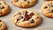 © SnapNest - Closeup of melting chocolate chips on freshly baked cookies, on a wooden surface, crumbs and soft texture visible, concept homemade delight