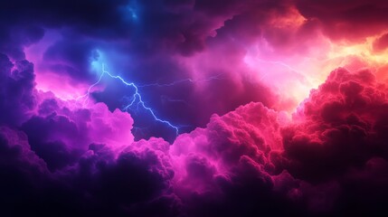 A breathtaking image capturing the raw power of a thunderstorm, featuring dramatic clouds illuminated by vibrant blue and pink lightning. The image symbolizes nature's fury, the beauty of chaos, the e