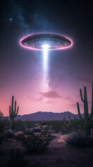 Wall Mural - A mysterious UFO hovers over a desert landscape at twilight, casting a beam of light among the cacti under a starry sky