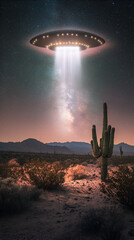 Wall Mural - a mysterious ufo hovers in the night sky, illuminating a desert landscape with a distant mountain ba