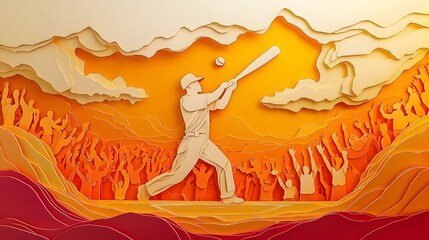 Vibrant paper cut style of a baseball player swinging a bat amidst a layered landscape of a playing field baseball and cheering fans in an energetic dynamic composition