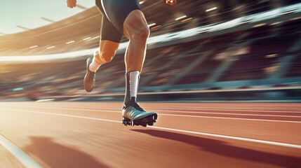Poster - An athlete runs swiftly on a track, showcasing determination and skill while using a prosthetic leg under bright sunlight. Generative AI