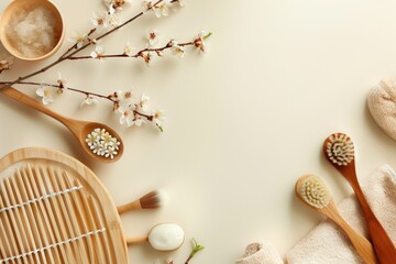 Spa treatment concept with natural products and massage brush.