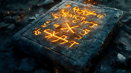 Wall Mural - Close-up view of ancient runes glowing with a mystical light on a stone tablet, set against a dark, atmospheric backdrop. Mystical. Illustration