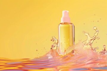 The bottle of moisturizing serum stands in the water waves on the pink yellow background.