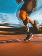 Poster - An athlete runs swiftly on a track, showcasing a prosthetic leg and determination under bright blue skies. Generative AI