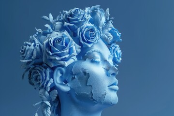 Female statue head with blue flowers on blue background. Beauty and surreal contemporary art.