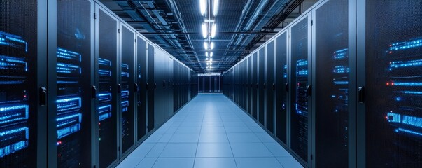 Poster - Modern Data Center with Blue LED Lights and Network Servers – Stock Image of High-Tech Infrastructure