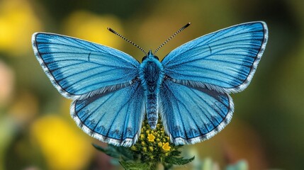 A vibrant blue butterfly with white edges on its wings perched on a yellow flower.