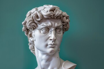 White plaster statue head of David with big eyes and glasses green background.