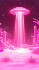 Wall Mural - a vivid representation of a ufo beaming light down in a surreal desert during a brightly colored nig