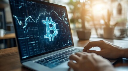Poster - Cryptocurrency Trader Analyzing Bitcoin Growth on Laptop in Modern Office