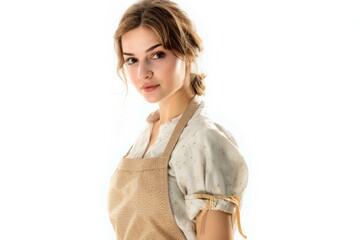 Young housewife in appron  isolated on white background