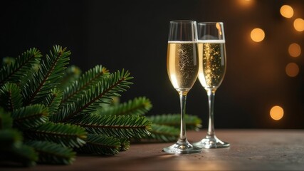 New Year card. Two glasses of sparkling champagne on New Year's Eve. Decor made of fir branches and New Year's balls. Place for text