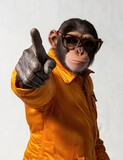 A stylish monkey in an orange jacket and dark sunglasses points confidently at the camera, blending bold fashion with humor and attitude in a vibrant close-up portrait.