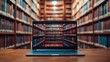 © GRYZZ - A laptop displaying a picture of a library with bookshelves on a wooden desk in front of a blurred bookshelf.