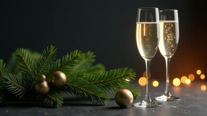 New Year card. Two glasses of sparkling champagne on New Year's Eve. Decor made of fir branches and New Year's balls. Place for text