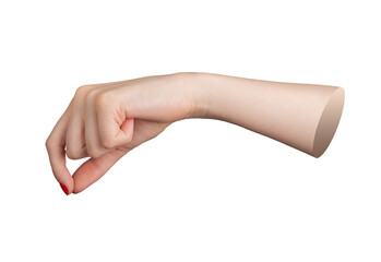 Wall Mural - Female hand with red polished nails pinching a small object between thumb and forefinger isolated on white background..