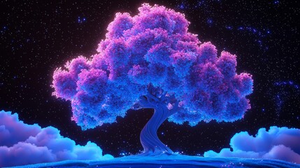 Imaginative tree with blue and pink foliage and a full moon in the night sky