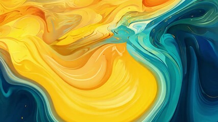 Fototapete - Liquid Dreamscape: Abstract swirls of vibrant yellow and teal paint create a mesmerizing, fluid artwork. Perfect for designs needing a touch of dynamic energy and artistic flair. 