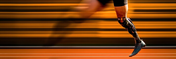 Poster - An athlete powers down the track with a prosthetic leg, demonstrating strength and speed amidst a lively atmosphere. Generative AI