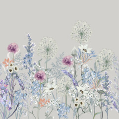 Poster - Morning meadow vector floral illustration with wild herbs, plants and flowers
