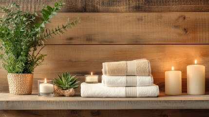 Poster - Arranged towels and candles on wooden shelf create spa like atmosphere, ideal for relaxation and pampering. Serene setting for unwinding and self care