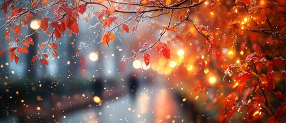 Wall Mural - Enchanting Fall to Winter Transition with Festive Lights - Perfect for Thanksgiving and Christmas