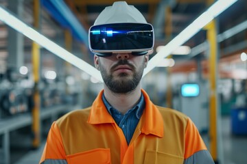 Portrait of a Caucasian male engineer wearing VR goggles while working in a modern manufacturing facility