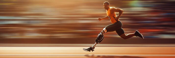 Poster - An athlete sprints on a track with a prosthetic leg, showcasing determination and speed in a vibrant, competitive environment. Generative AI