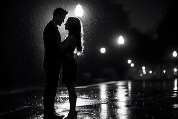 black and white silhouette of the couple in the night with the rain and the street lights, representing love, romance and intimacy