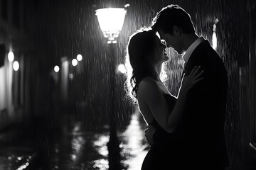 black and white silhouette of the couple in the night with the rain and the street lights, representing love, romance and intimacy