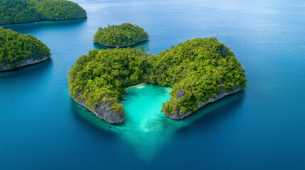 Wall Mural - Aerial view of a heart-shaped tropical island surrounded by turquoise water.