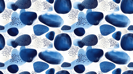 Seamless pattern of decorative abstract elements featuring marine isolated stones with hand drawn blue and indigo geometric spots ideal for design and decoration