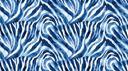 Seamless zebra pattern featuring blue hues and watercolor textures ideal for fashion and home decor applications