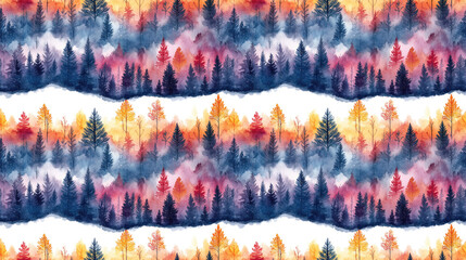 Seamless pattern of vibrant watercolor winter sunset landscape ideal for fabric design home decor