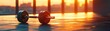 © DZMITRY - A gym sunrise with focused dumbbells in the foreground and blurred fitness equipment in the background.
