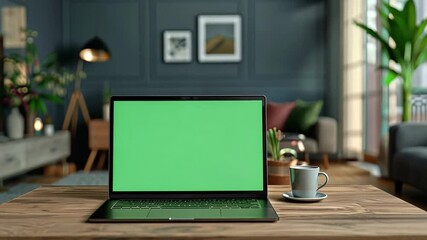 Aufkleber - A sleek laptop with a green screen sits on a wooden table beside a coffee cup. The room boasts stylish decor, plants, and ample natural light, creating a vibrant workspace atmosphere.