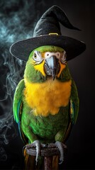 Among spooky fog is a parakeet wearing a tiny witch's hat