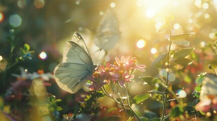 Serene Butterfly on Vibrant Blossom in Sunlit Garden, delicate wings perched gracefully, surrounded by gentle hues of nature's beauty and soft blurred background.