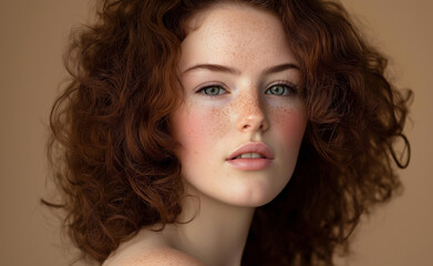 natural beauty portrait of a woman with curly hair, freckles, and a calm expression on a beige backg
