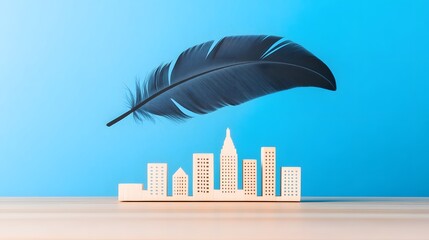 Gigantic Feather Floating Above Miniature City