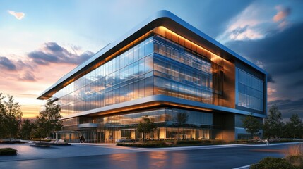 Poster - Modern office building exterior with reflective glass facade at sunset.