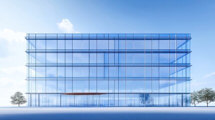 Poster - Modern office building with glass facade and blue sky background. Panoramic banner