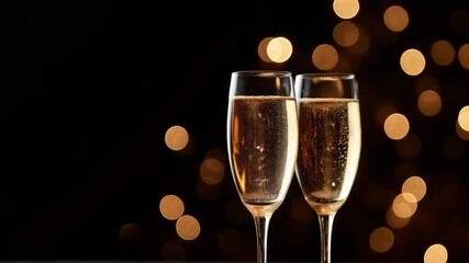 Wall Mural - Two glasses of champagne on dark background with golden lights bokeh, glitter and sparks. Merry Christmas and Happy New Year. Anniversary, birthday, wedding, event celebration concept