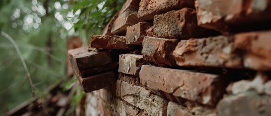 Weathered bricks form a rustic wall, overgrown with green leaves, merging nature with history in a vivid portrayal of age and endurance.