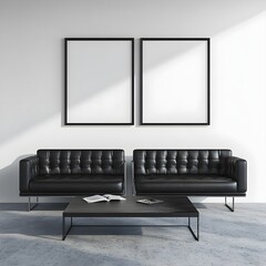 Modern living room interior with two black sofas and a coffee table