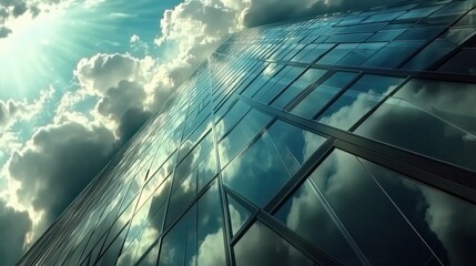 Poster - Perspective of high rise building and dark steel window system with clouds reflected on the glass.Business concept of future architecture,lookup to the angle of the building corner. 3d rendering